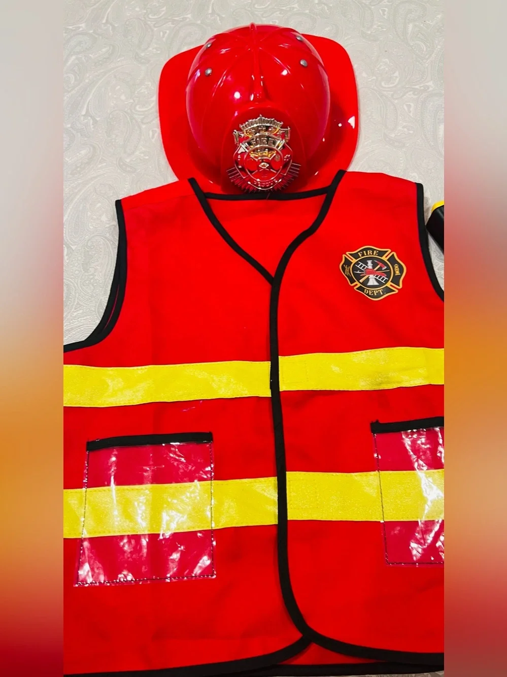 Children's Red Firefighter Vest & Helmet Set with Yellow Ax